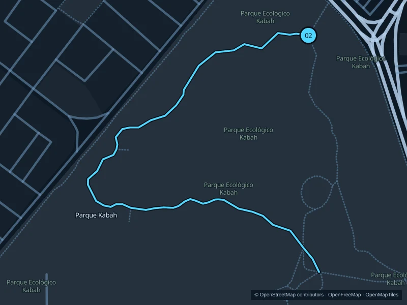 Map of the 2.3 km Parque Kabah run, with start and finish marked 02.