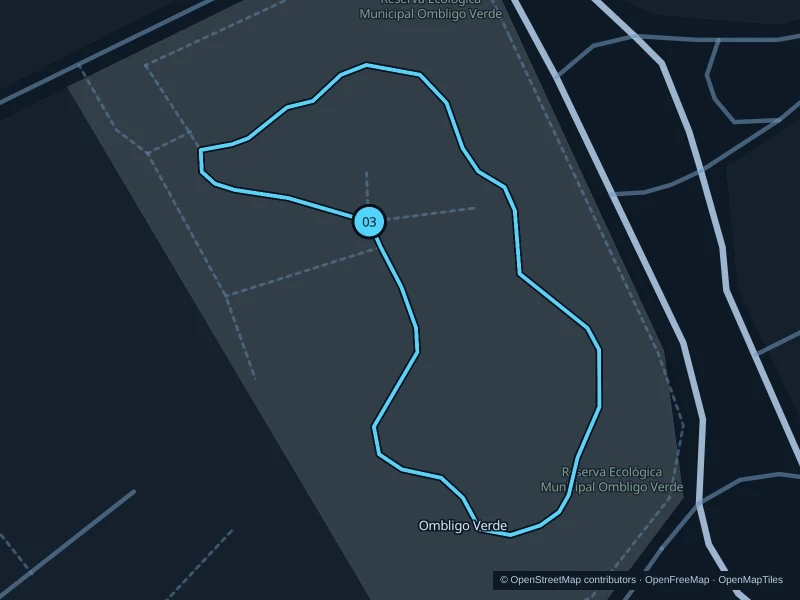 Map of the 2.0 km Ombligo Verde run: five laps of the same public loop, start and finish marked 03.
