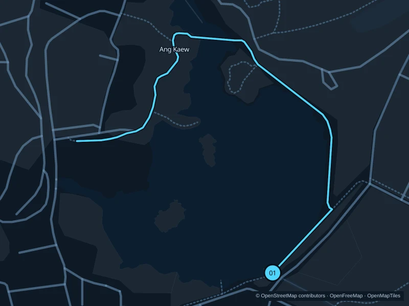 Map of the 1.6 km Ang Kaew · reservoir paths run, with start and finish marked 01.
