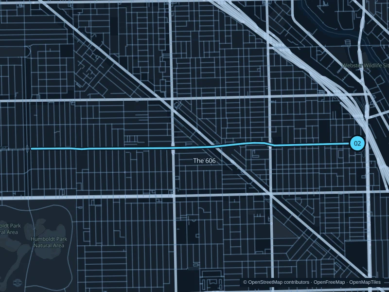 Map of the 5.4 km run on The 606, with start and finish marked 02.