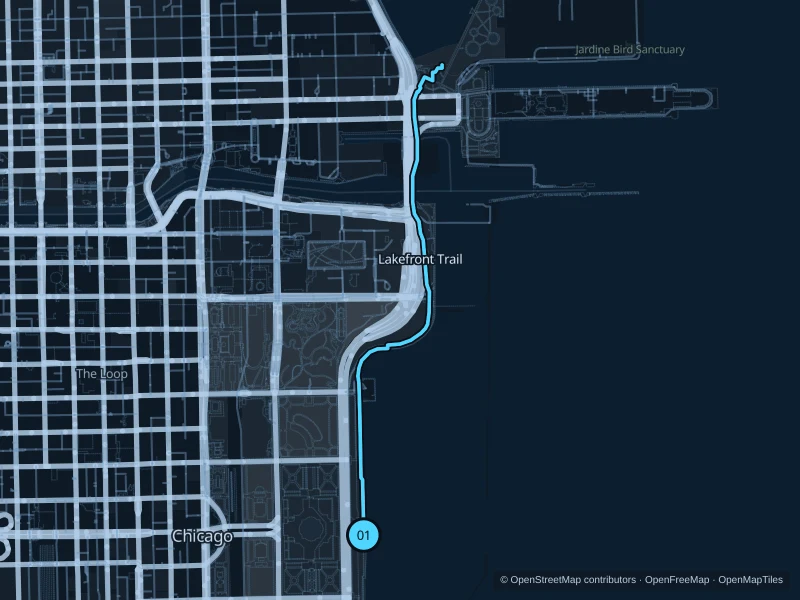 Map of the 4.5 km Lakefront Trail run, with start and finish marked 01.