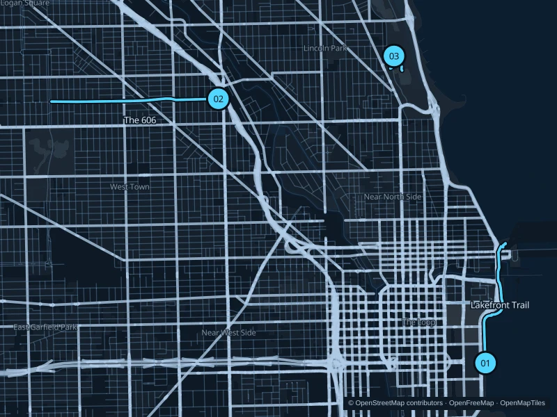 Map of Chicago with three numbered running-route starts.