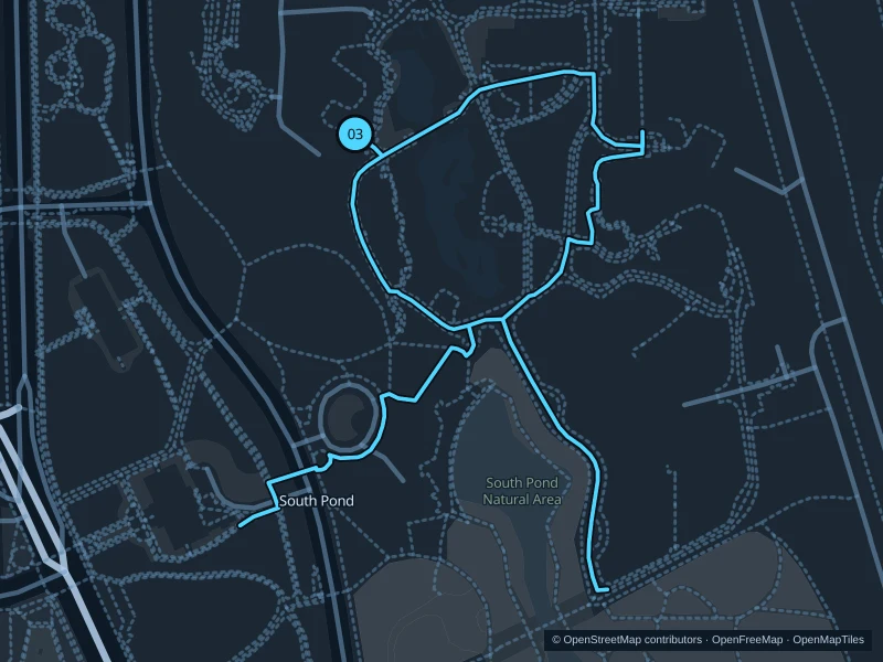 Map of the 1.3 km Lincoln Park South Pond run, with start and finish marked 03.