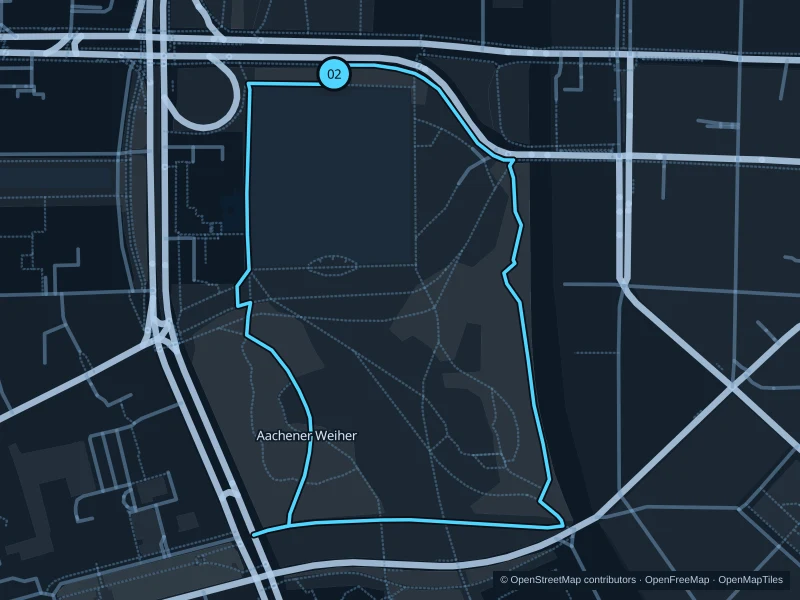 Map of the 1.9 km Aachener Weiher & Hiroshima-Nagasaki-Park run, with start and finish marked 02.
