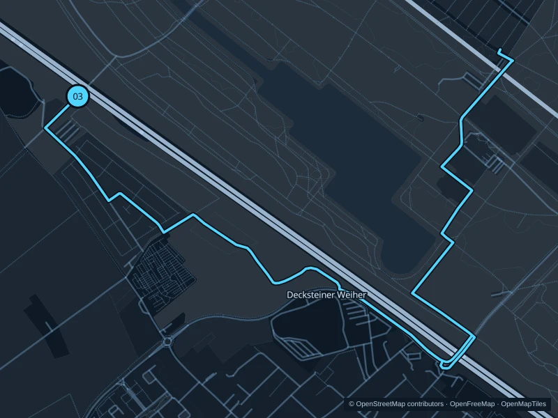 Map of the 6.9 km Decksteiner Weiher run, with start and finish marked 03.