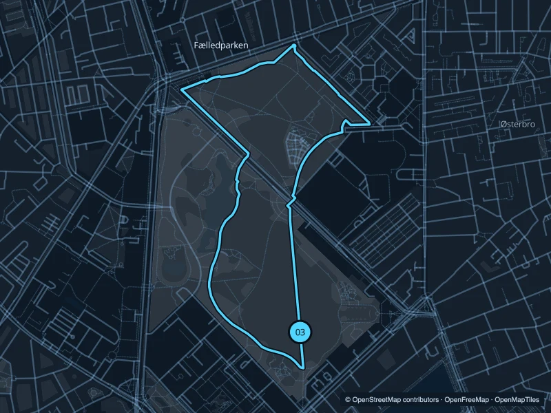 Map of the 3.2 km Fælledparken run, with start and finish marked 03.