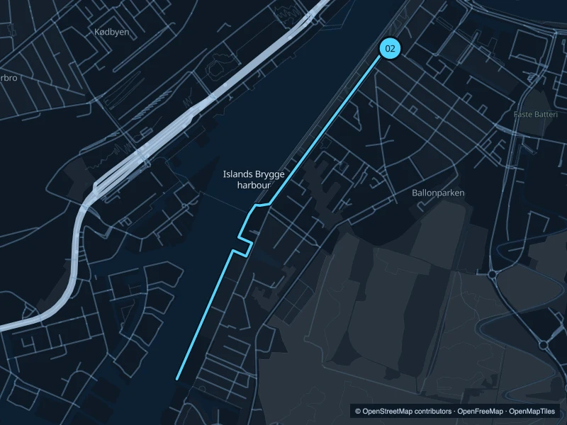 Map of the 3.5 km Islands Brygge harbour run, with start and finish marked 02.