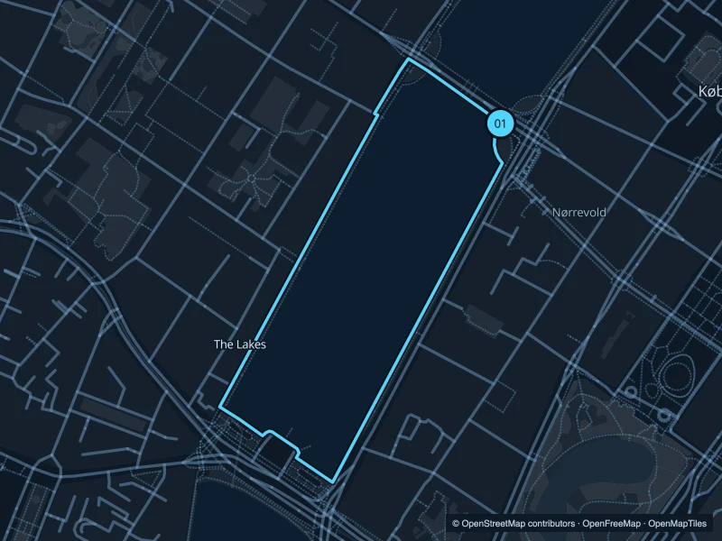 Map of the 1.6 km The Lakes · Peblinge Sø run, with start and finish marked 01.