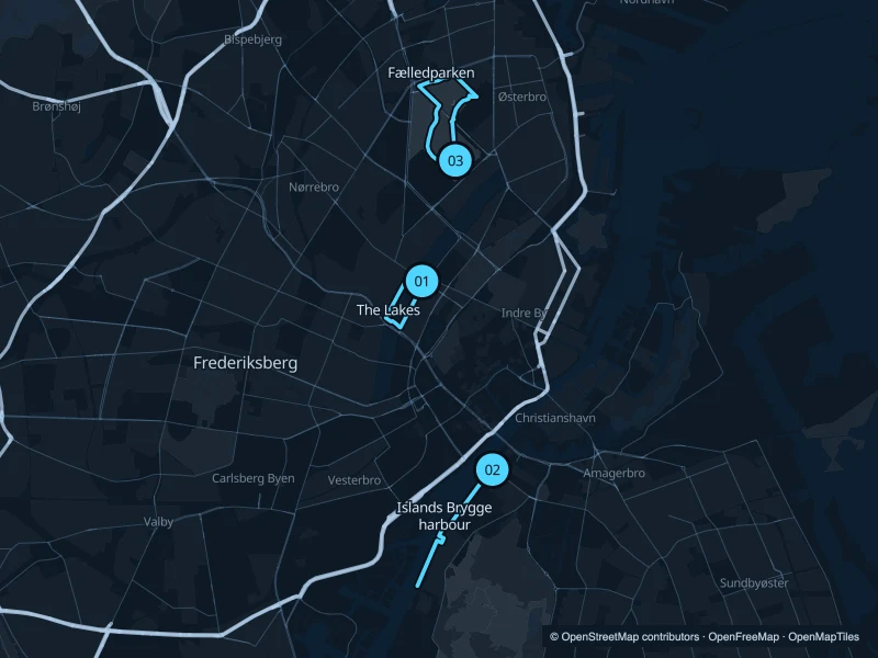 Map of Copenhagen with three numbered running-route starts.