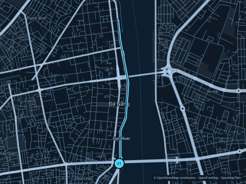 Map of the 4.3 km Han River · west-bank paths run, with start and finish marked 01.