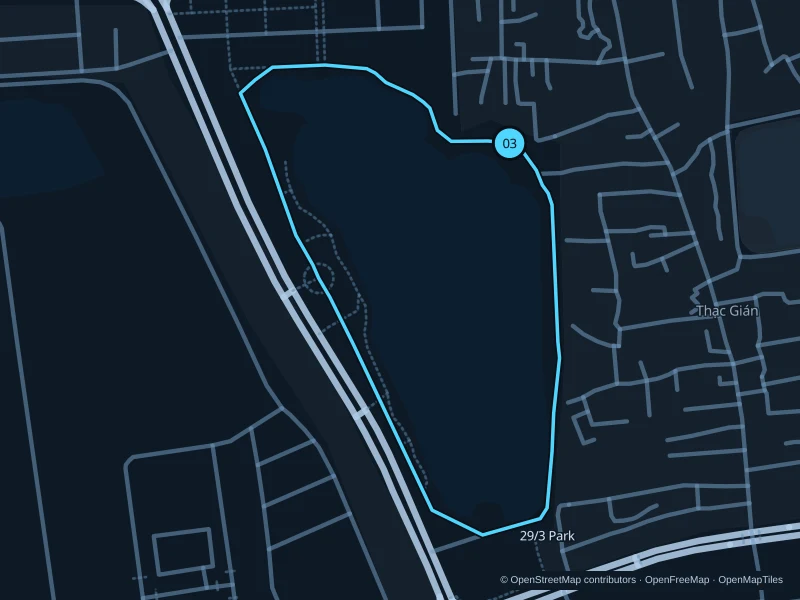 Map of the 1.6 km 29/3 Park · lake paths run, with start and finish marked 03.