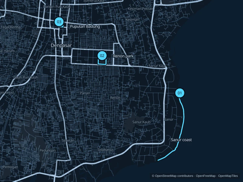 Map of Denpasar with three numbered running-route starts.