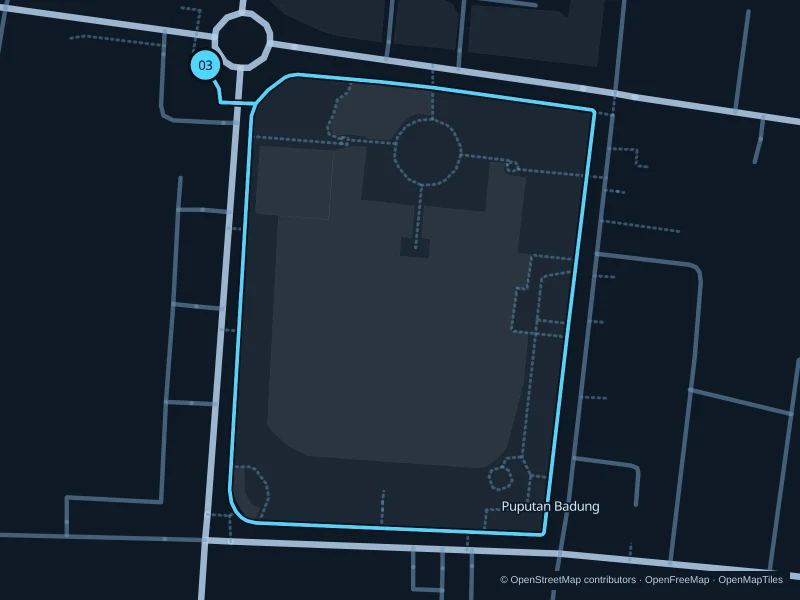 Map of the 1.6 km Puputan Badung · square circuit run, with start and finish marked 03.