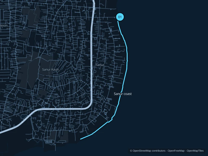 Map of the 7.2 km Sanur · public coastal path run, with start and finish marked 01.