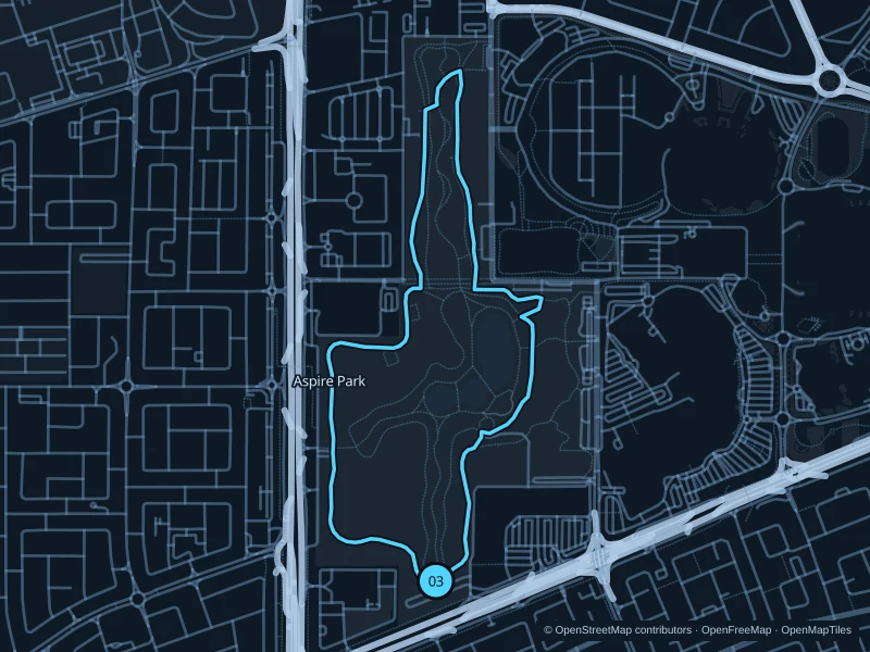 Map of the 4.0 km Aspire Park · running paths run, with start and finish marked 03.