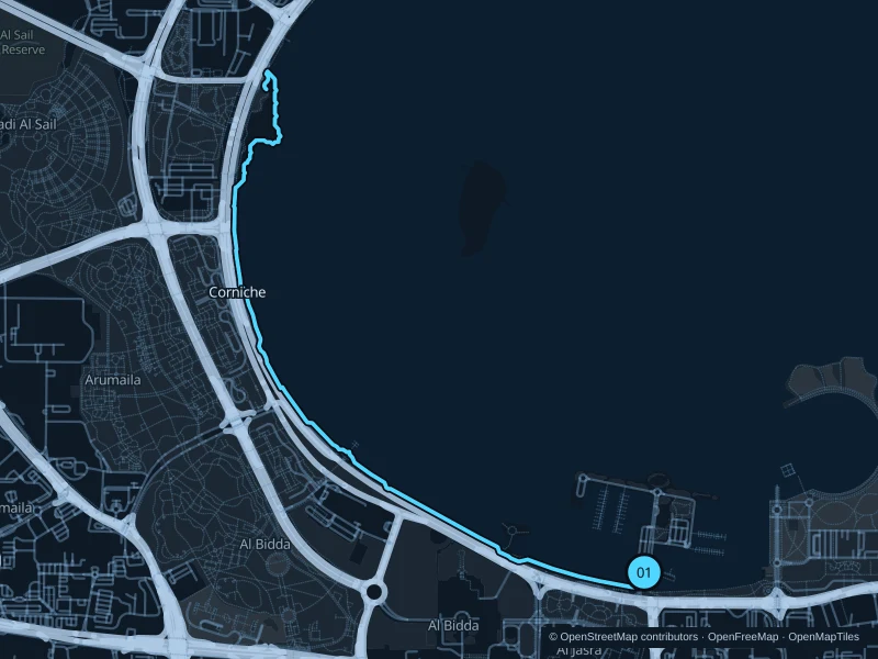 Map of the 6.6 km Doha Corniche run, with start and finish marked 01.