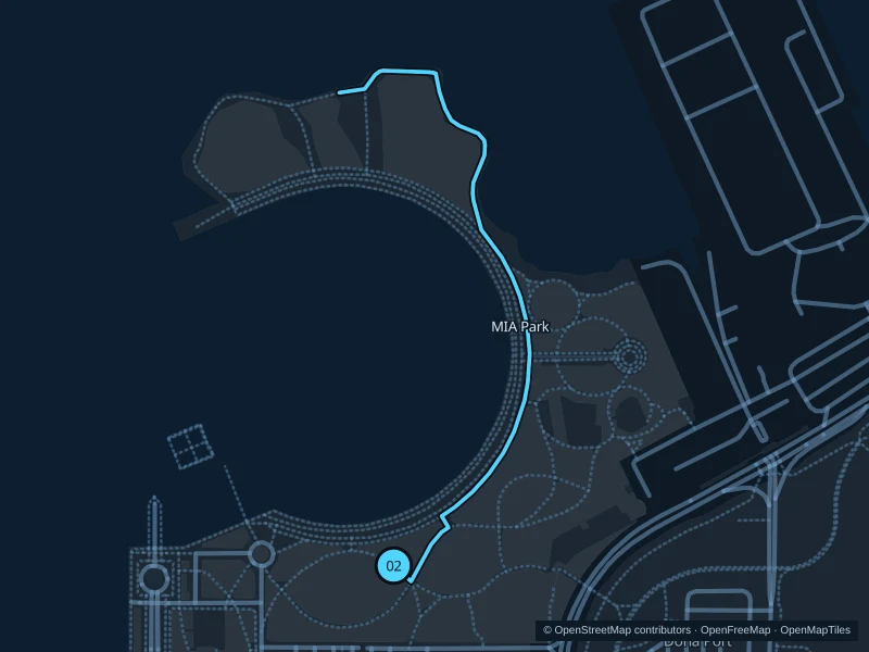 Map of the 1.7 km MIA Park · waterfront promenade run, with start and finish marked 02.