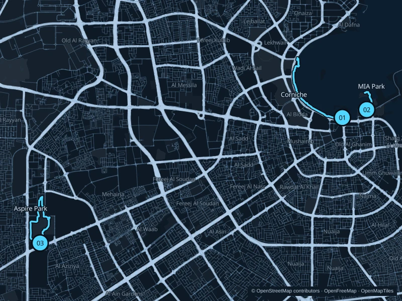 Map of Doha with three numbered running-route starts.