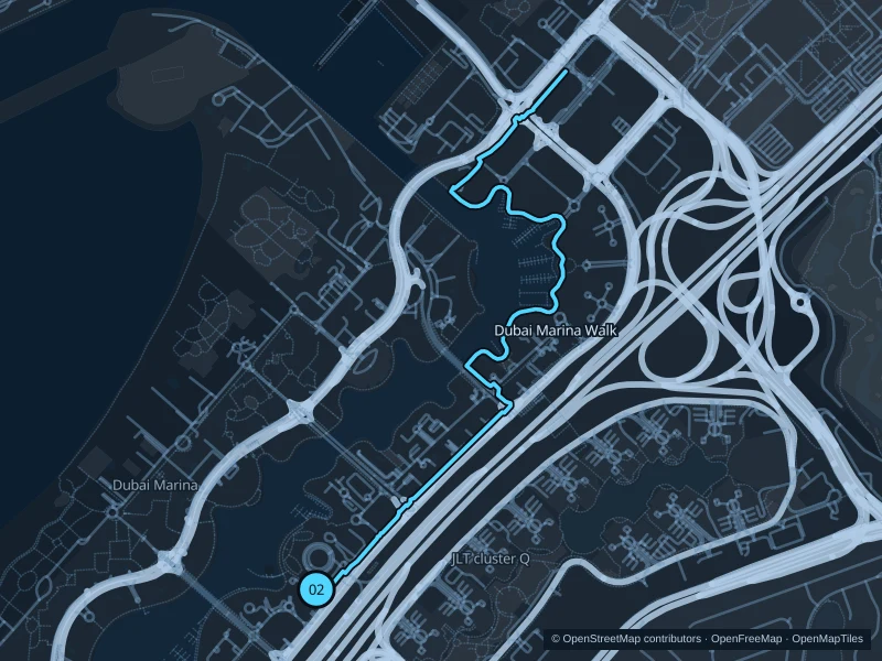 Map of the 5.8 km Dubai Marina Walk run, with start and finish marked 02.