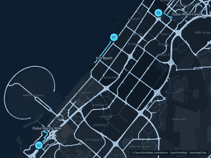 Map of Dubai with three numbered running-route starts.