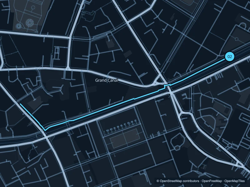 Map of the 1.9 km Grand Canal · Baggot Street run, with start and finish marked 02.