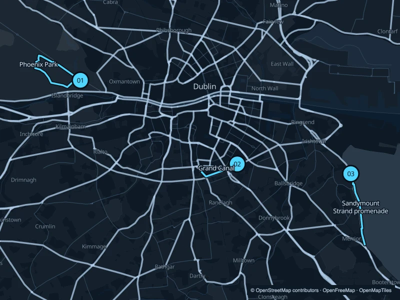Map of Dublin with three numbered running-route starts.
