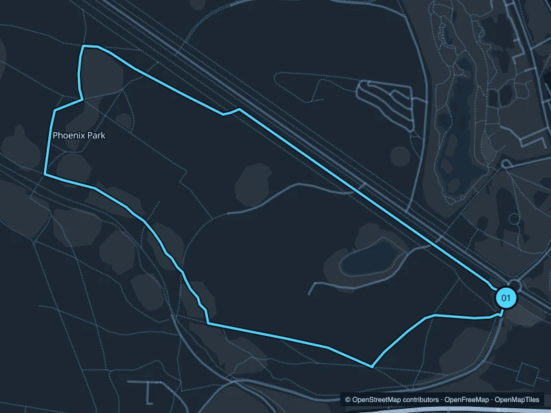 Map of the 2.8 km Phoenix Park run, with start and finish marked 01.