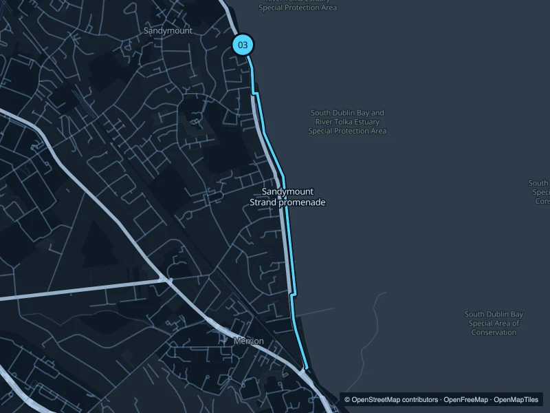 Map of the 3.5 km Sandymount promenade run, with start and finish marked 03.