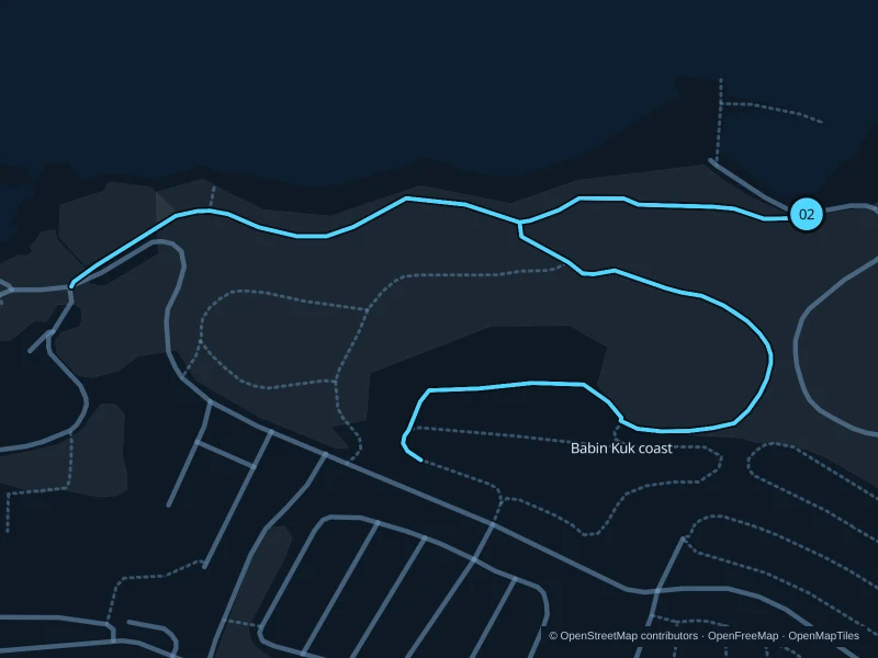 Map of the 3.7 km Babin Kuk coast and park · two laps run, with start and finish marked 02.