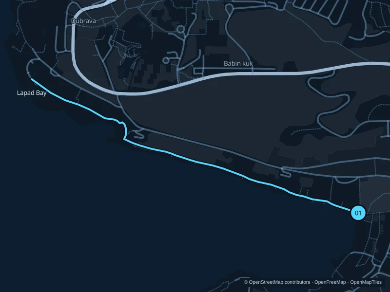 Map of the 4.6 km Lapad Bay · two out-and-backs run, with start and finish marked 01.