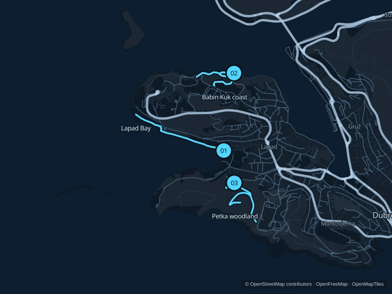 Map of Dubrovnik with three numbered running-route starts.