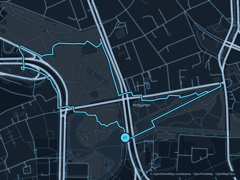 Map of the 2.6 km Hofgarten run, with start and finish marked 01.