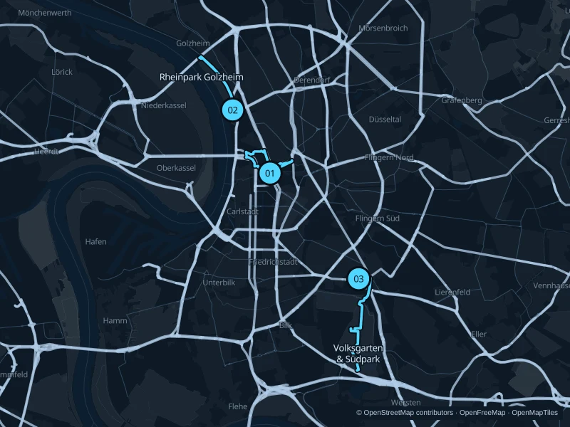 Map of Düsseldorf with three numbered running-route starts.