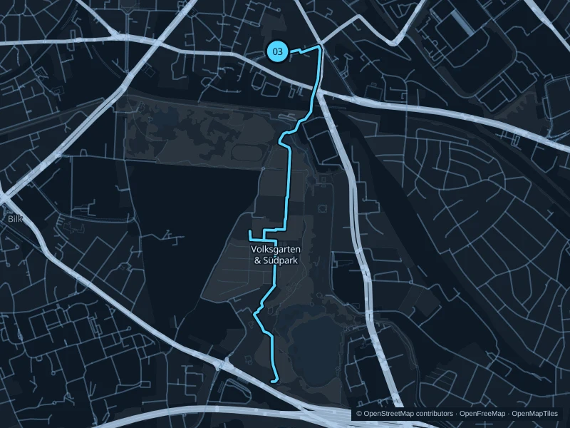 Map of the 5.3 km Volksgarten & Südpark run, with start and finish marked 03.