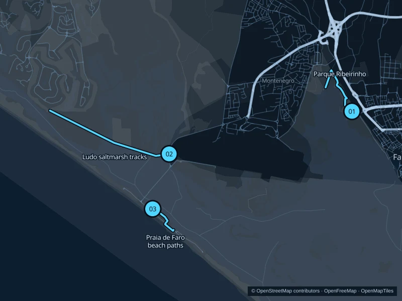 Map of Faro with three numbered running-route starts.