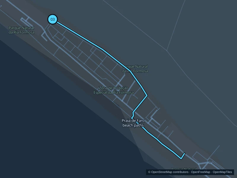 Map of the 1.4 km Praia de Faro beach paths run, with start and finish marked 03.