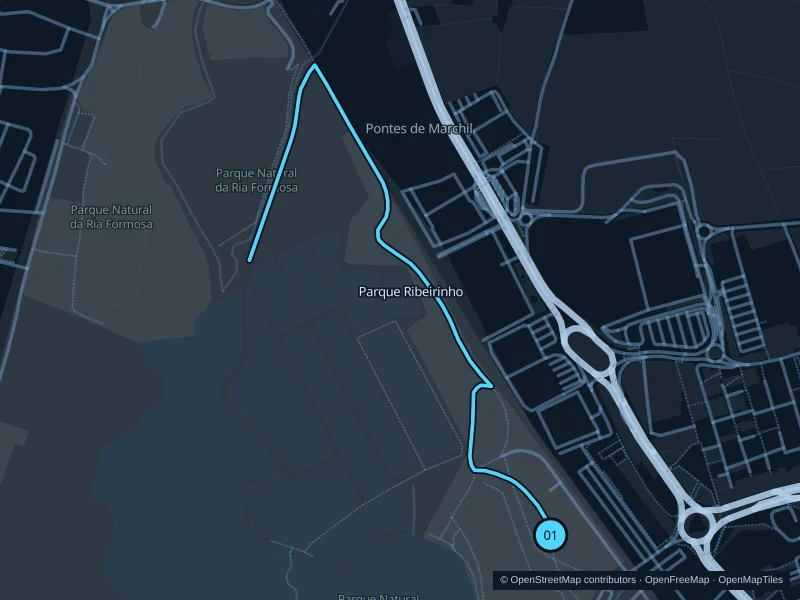 Map of the 2.8 km Parque Ribeirinho run, with start and finish marked 01.