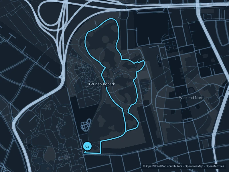 Map of the 2.7 km Grüneburgpark run, with start and finish marked 02.