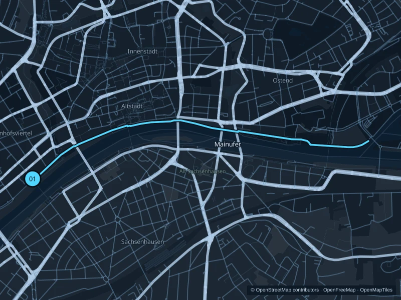 Map of the 6.0 km Main · northern waterfront run, with start and finish marked 01.
