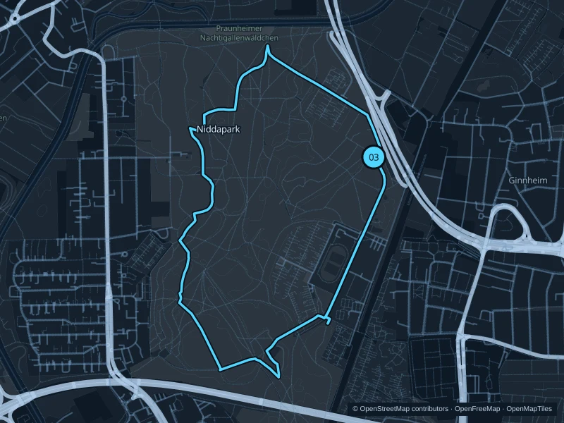 Map of the 4.2 km Volkspark Niddatal run, with start and finish marked 03.