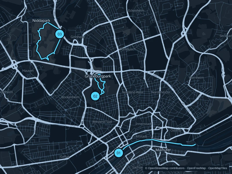 Map of Frankfurt with three numbered running-route starts.