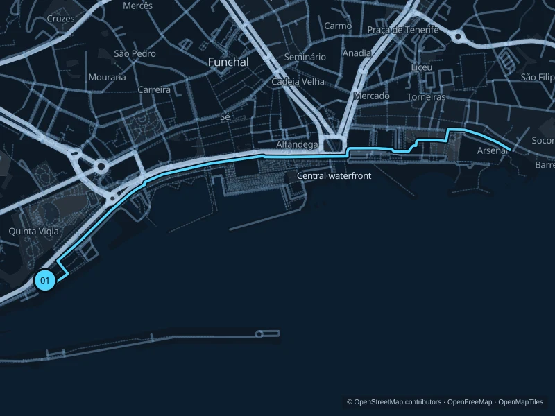 Map of the 3.6 km Praça do Povo & central waterfront run, with start and finish marked 01.