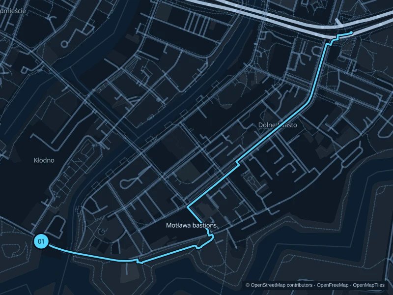 Map of the 2.8 km Motława bastions run, with start and finish marked 01.