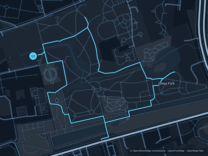Map of the 3.0 km Oliwa Park · two laps run, with start and finish marked 02.