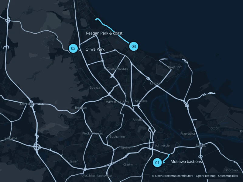 Map of Gdansk with three numbered running-route starts.