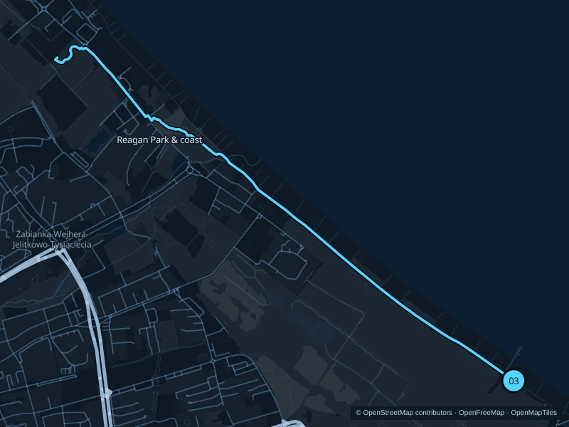 Map of the 7.1 km Reagan Park & coastal promenade run, with start and finish marked 03.