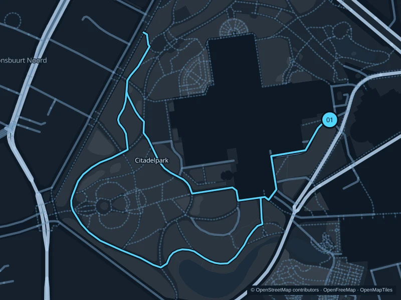 Map of the 1.7 km Citadelpark run, with start and finish marked 01.
