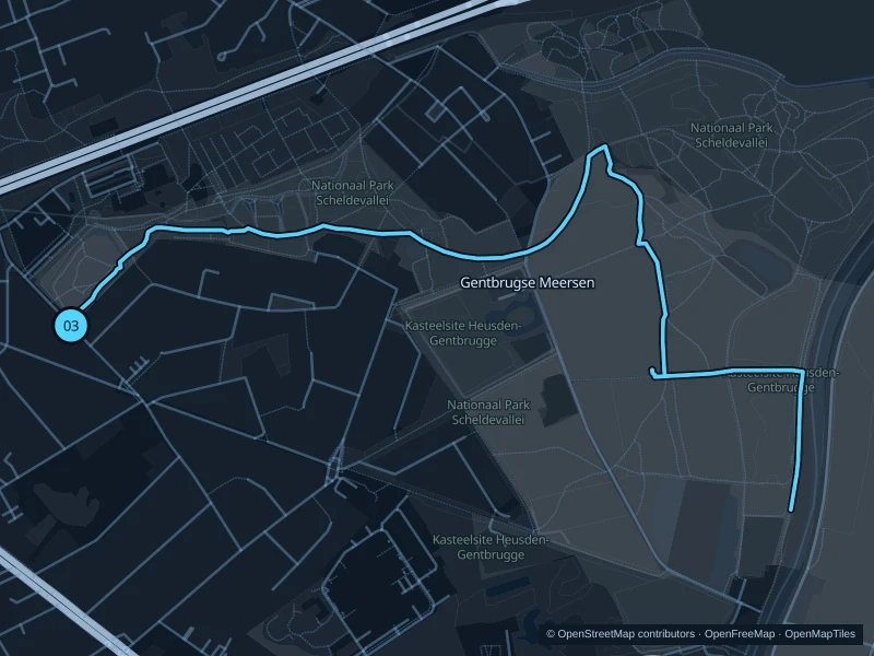 Map of the 5.4 km Gentbrugse Meersen run, with start and finish marked 03.