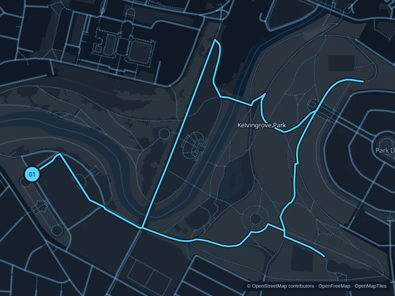 Map of the 2.7 km Kelvingrove Park run, with start and finish marked 01.