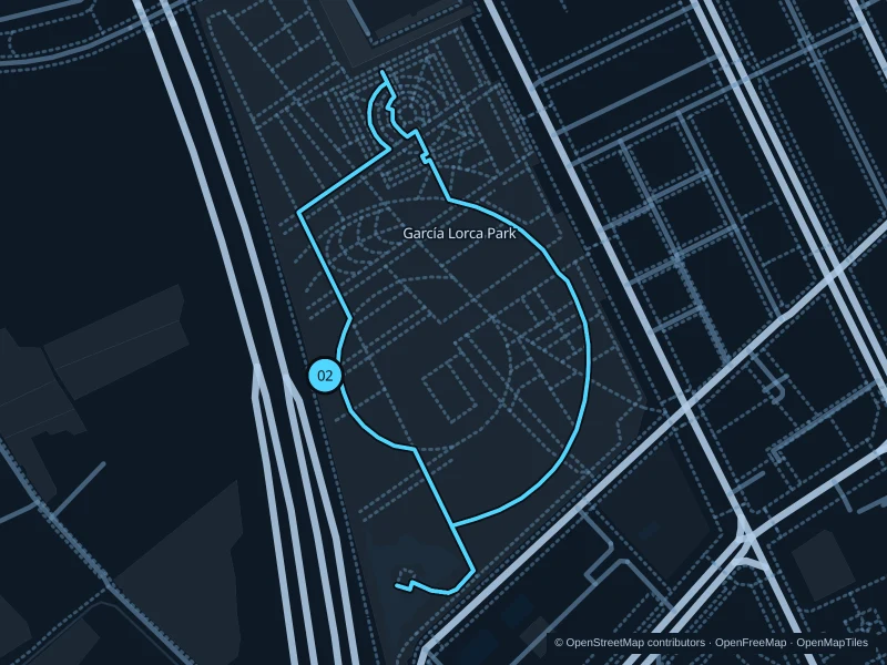 Map of the 2.0 km Parque Federico García Lorca run, with start and finish marked 02.